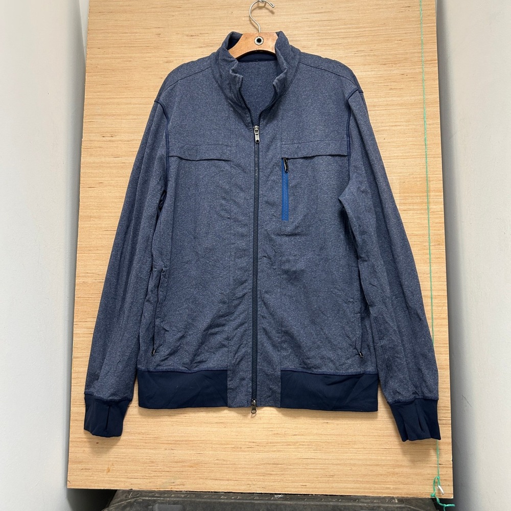 Lululemon Mens Heathered Navy Full Zip Track Jacket Thumbholes Blue Large
